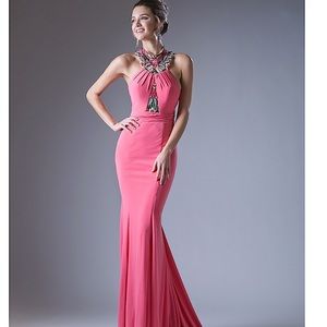 Elegant Pink Maxi Evening Gown with Embellished Halter Neck